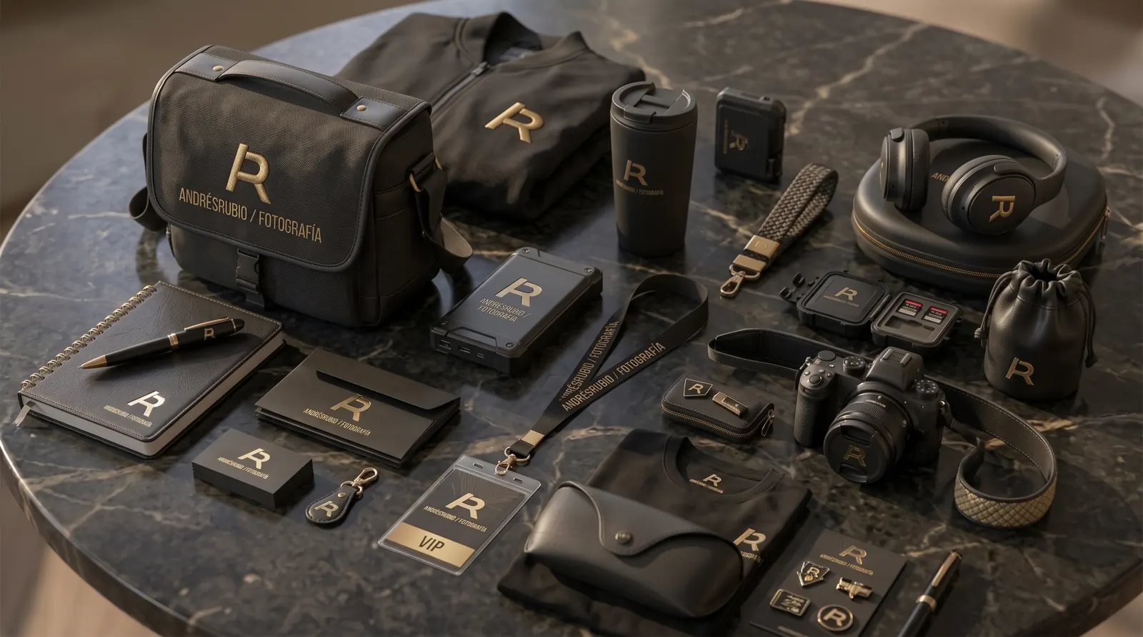 Fotógrafo con cámara y morral de marca, y detalles de papelería y mesa de trabajo