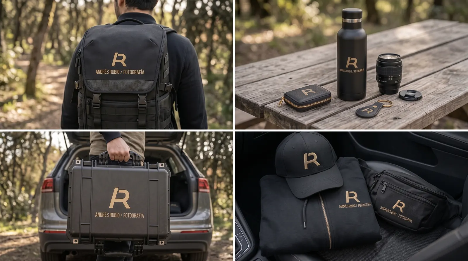 Morral, termo y accesorios de marca en un set fotográfico al aire libre