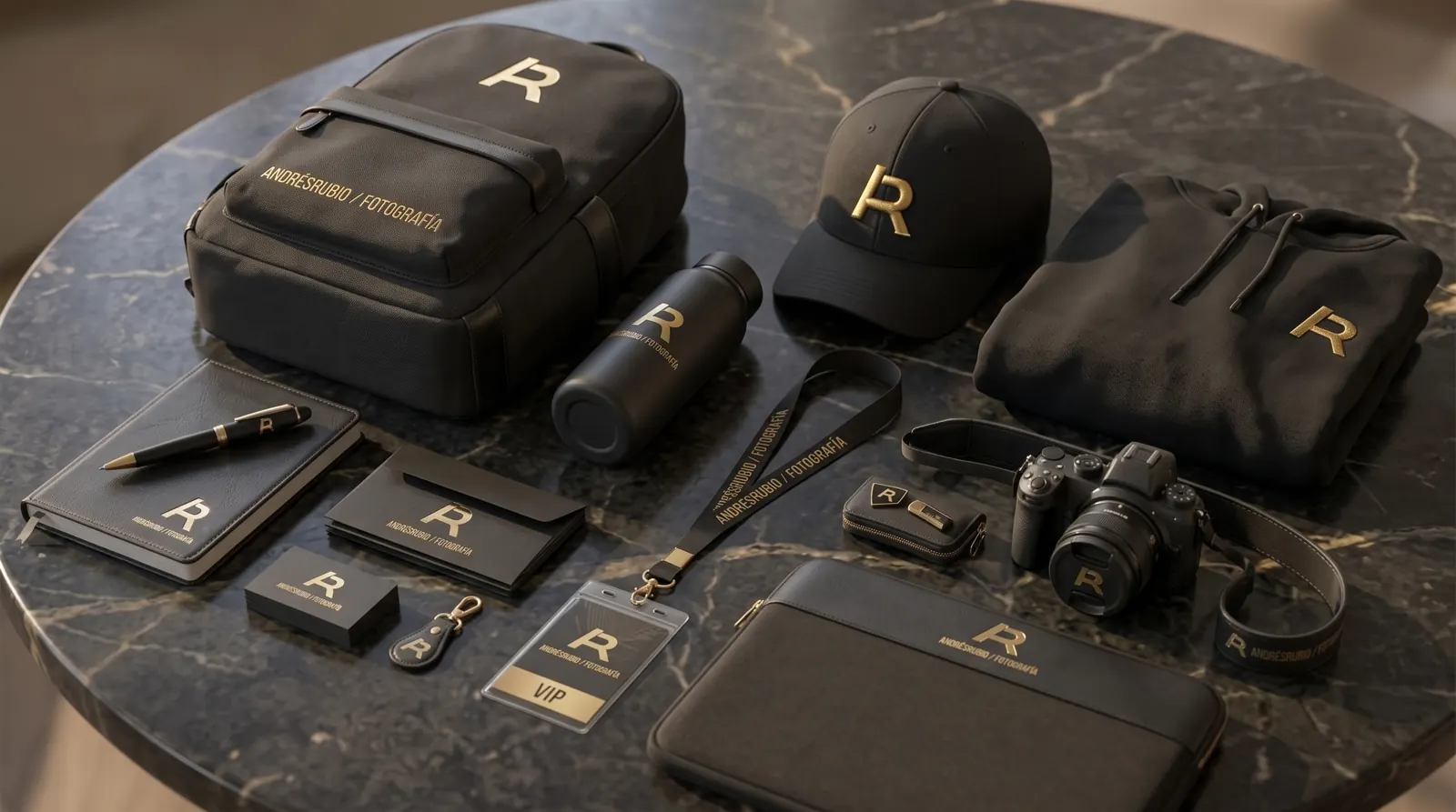 Kit corporativo negro con morral, gorra, cámara y accesorios con logo dorado