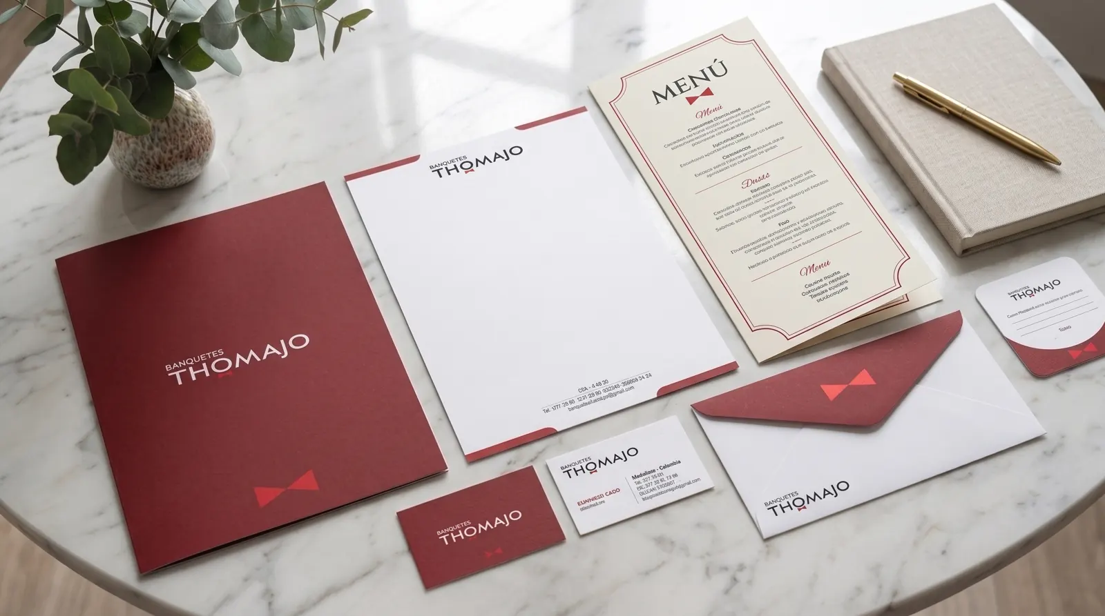 Papelería corporativa completa: carpeta, hoja carta, menú, tarjetas y sobre