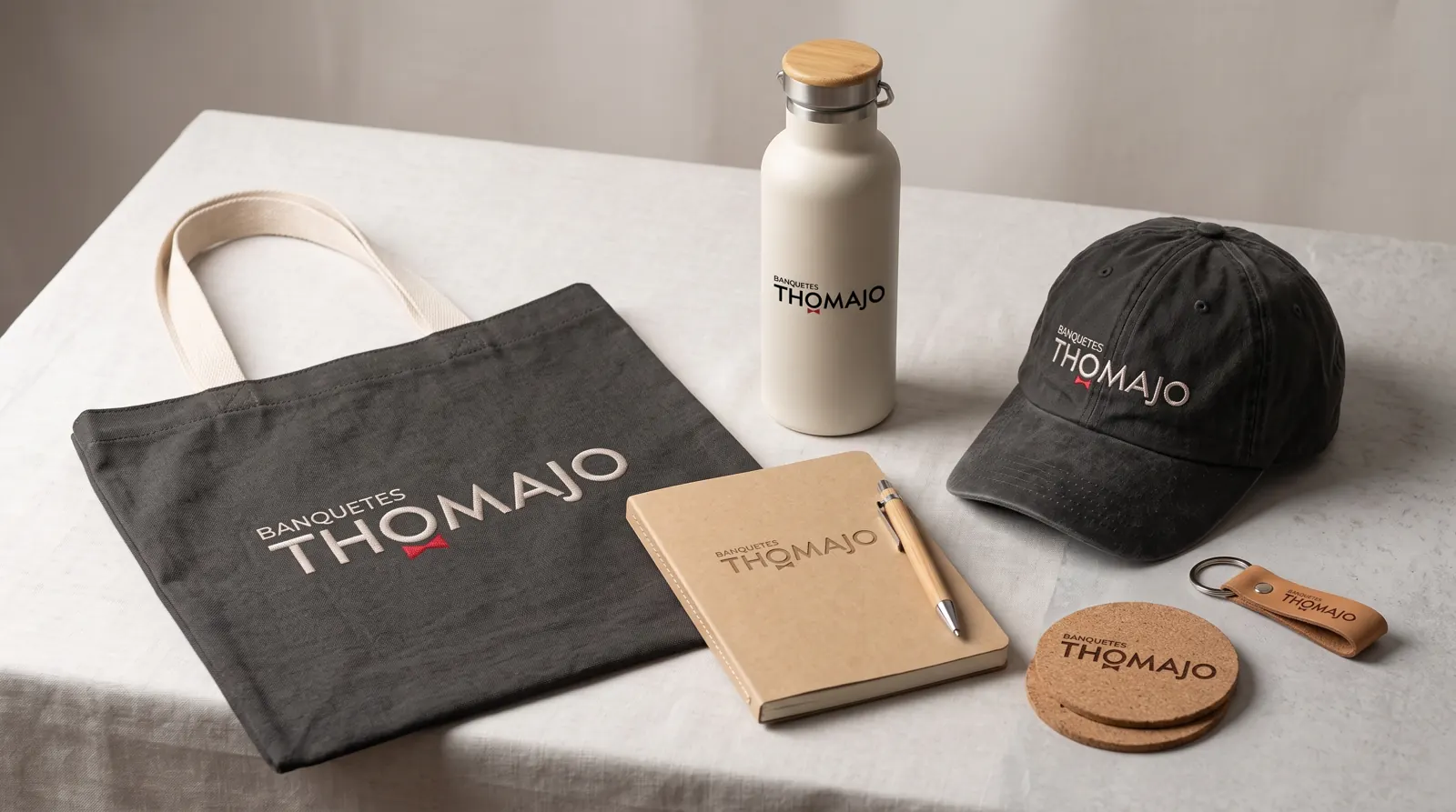 Souvenirs corporativos con logo: tote, termo, gorra, libreta y llavero