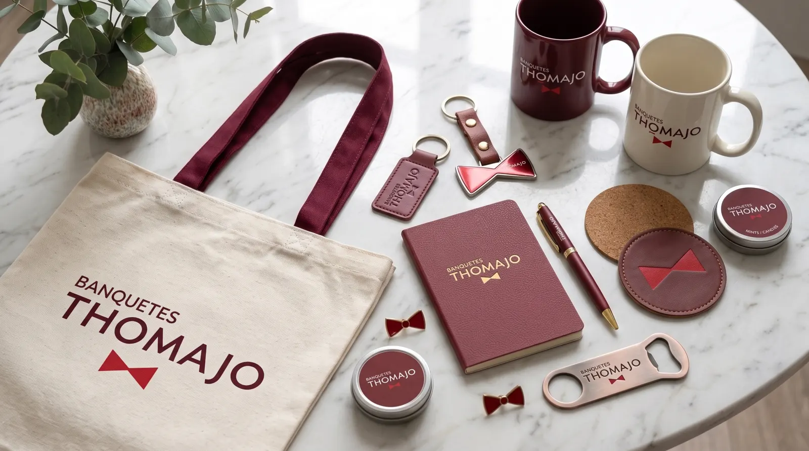 Set de souvenirs de marca: tote, mugs, libreta, destapador y llaveros