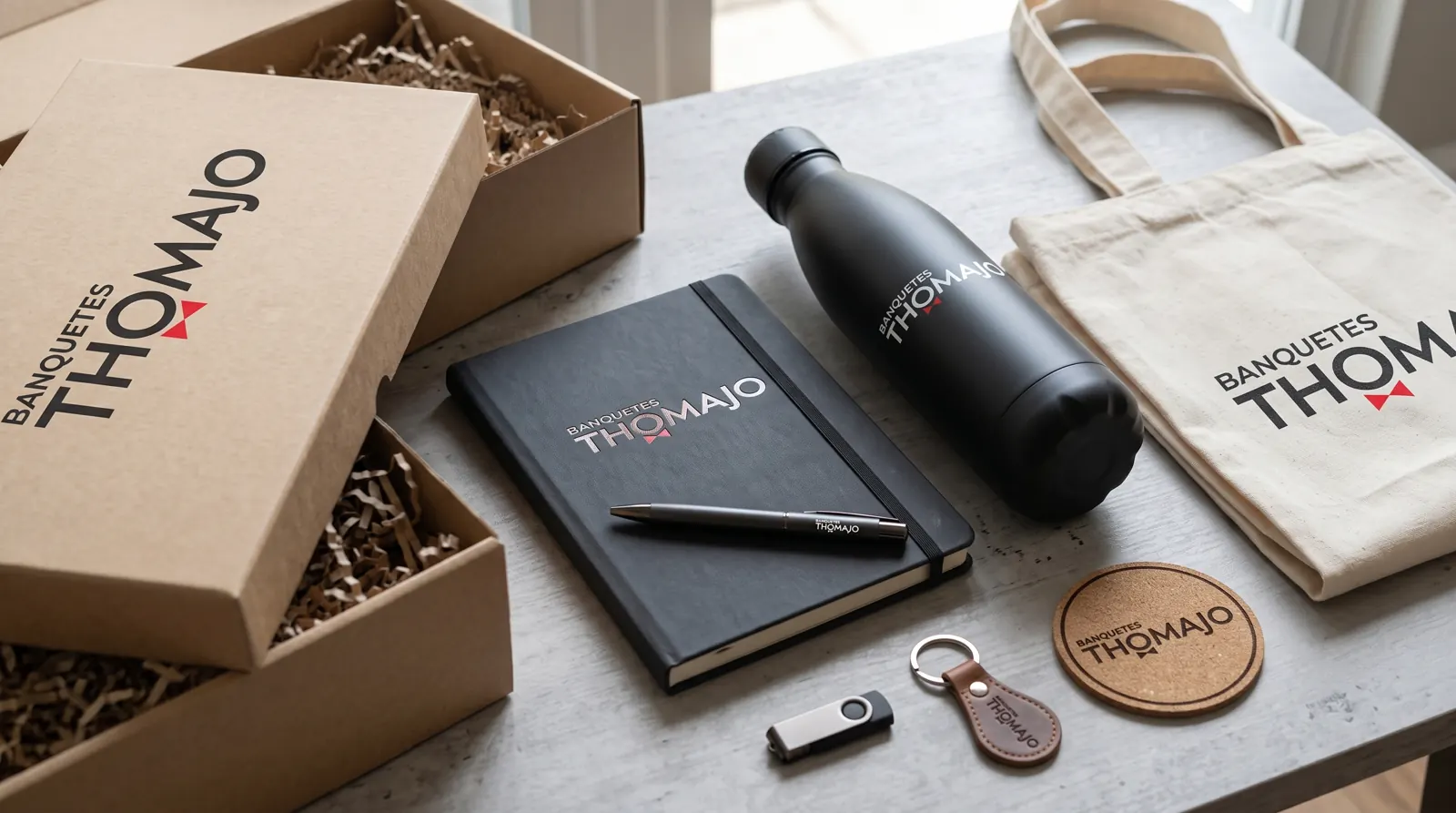 Kit corporativo en caja con termo, libreta, tote y llaveros personalizados