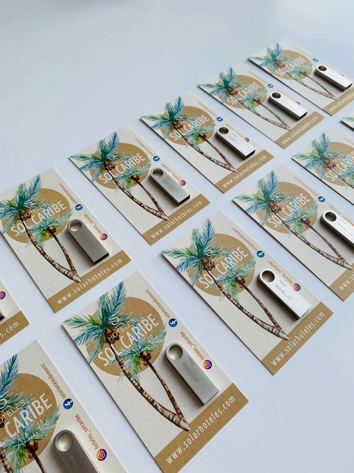 Memorias USB metálicas presentadas en tarjetas impresas con identidad de Solar Hoteles